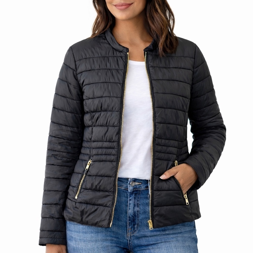 Collection Pimkie Black Nylon Puffer Jacket with Gold Zippers Size Large - Picture 2 of 11